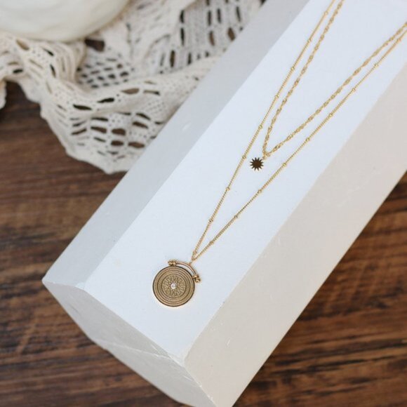 NEW 18K Gold Plated Vintage Diamond Coin Star Double Layer Necklace - Picture 4 of 14